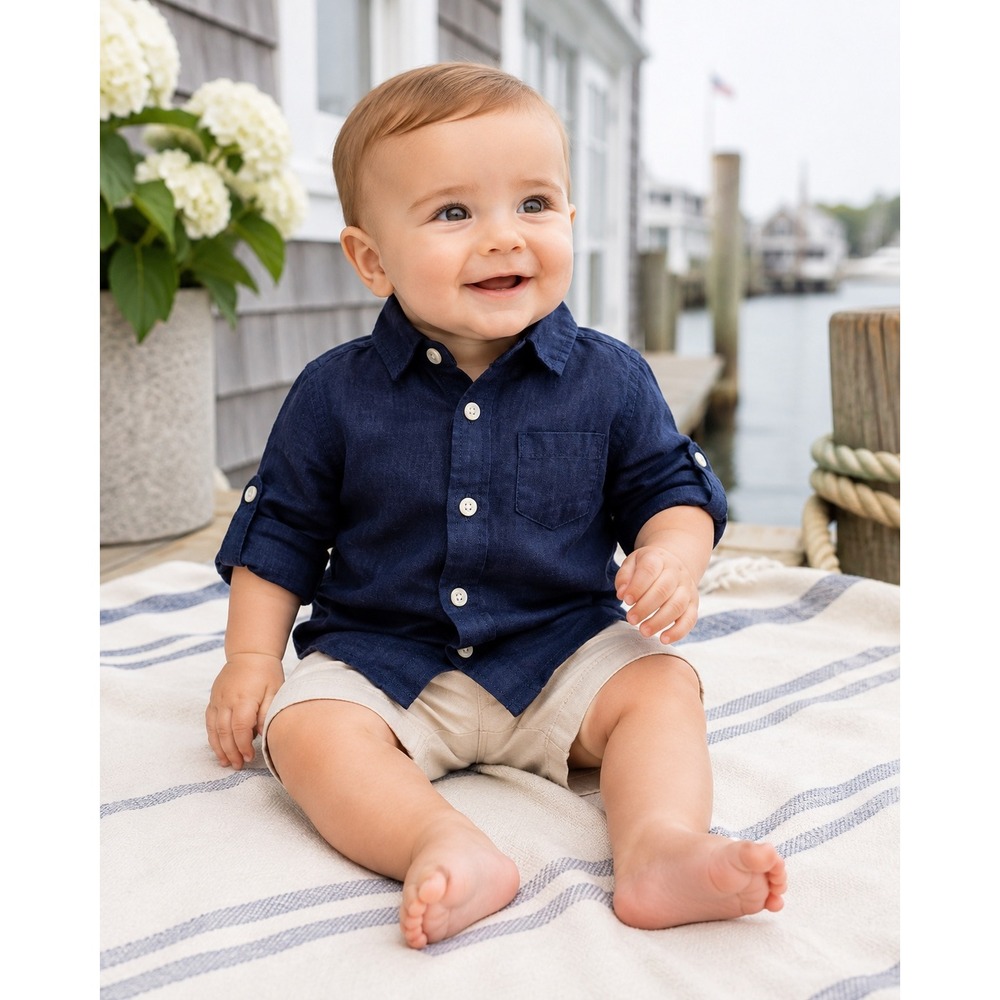 Janie and Jack Baby Boys 3-6M Navy Blue 100% Linen Shirt Button Down Classic